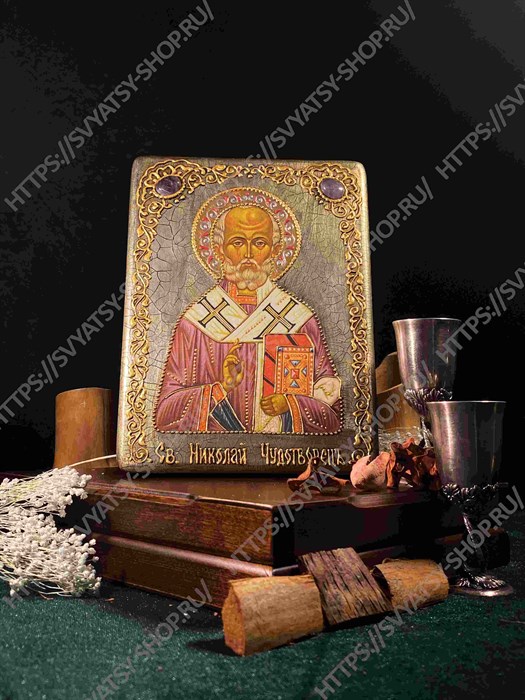 Настольная икона Святитель Николай, архиепископ Мир Ликийский (Мирликийский), чудотворец на мореном дубе 15х10 20158 - фото 83862