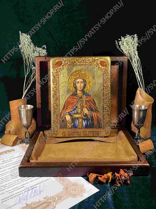 Настольная икона Святая великомученица Екатерина на мореном дубе 15х10 20922 - фото 83984