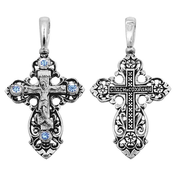 Крест серебряный Ag 925, коллекция Санкт-Петербург, вставка Фианит, с молитвой Спаси и сохрани, Чернение (оксидирование), 3,34 гр. КРС0224680