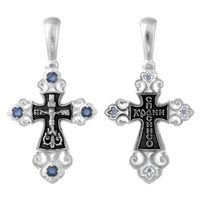 Крест серебряный Ag 925, коллекция Санкт-Петербург, вставка Фианит, с молитвой Спаси и сохрани, Чернение (оксидирование), 3,08 гр. КРС0224682