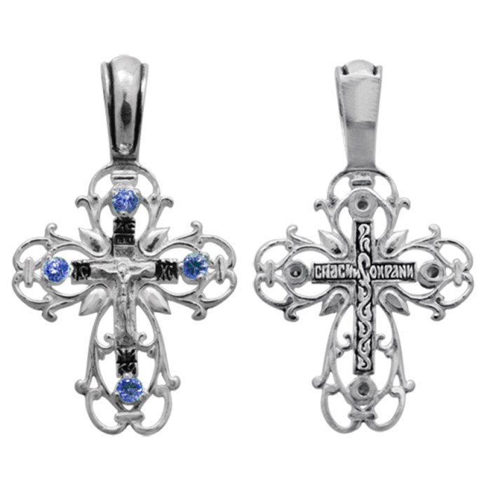 Крест серебряный Ag 925, коллекция Санкт-Петербург, вставка Фианит, с молитвой Спаси и сохрани, Чернение (оксидирование), 2,9 гр. КРС0224789