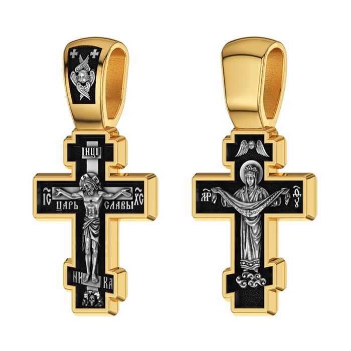 Крест позолоченный Ag 925/Au 585, коллекция Санкт-Петербург, лик Покров Пресвятой Богородицы, Позолота желтая 999*, Чернение (оксидирование), 3,54 гр. КРС0224934