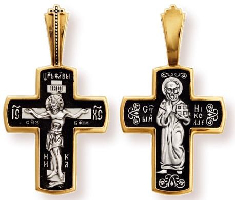 Крест позолоченный Ag 925/Au 585, коллекция Санкт-Петербург, с молитвой Без молитвы, лик Николай Св., Позолота желтая 999*, Чернение (оксидирование), 6,2 гр. КРС02241125