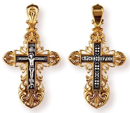 Крест позолоченный Ag 925/Au 585, коллекция Санкт-Петербург, с молитвой Спаси и сохрани, Позолота желтая 999*, Чернение (оксидирование), 3,43 гр. КРС02241143