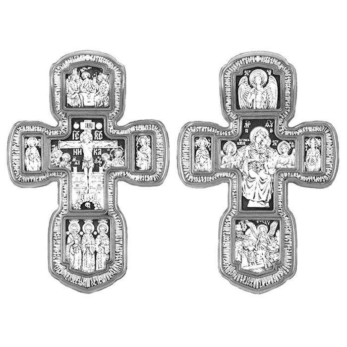 Крест серебряный Ag 925, коллекция Санкт-Петербург, с молитвой Крест - хранитель всей Вселенной..., лик Богородица, Николай Чудотворец, Сергий Радонежский Св., Троица Св., Чернение (оксидирование), 32,1 гр. КРС02241297