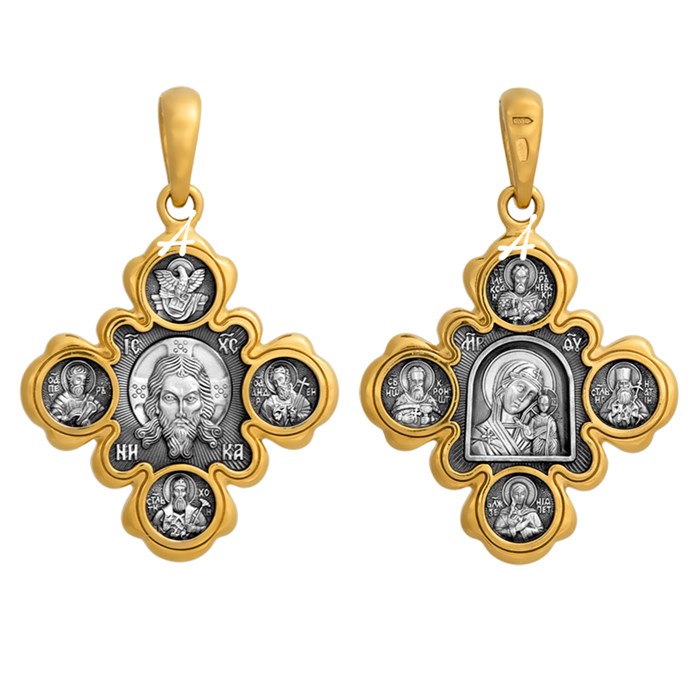 Крест позолоченный Ag 925/Au 585, коллекция Акимов, лик Александр Невский, Иоанн Кронштадтский Св., Казанская БМ, Ксения Петербургская Св., Позолота желтая 999*, Чернение (оксидирование), 7,19 гр. КРС02241561