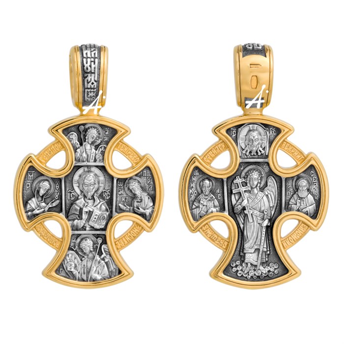 Крест позолоченный Ag 925/Au 585, коллекция Акимов, лик Алексий Св., Богородица, Петр Св., Тихон Св., Позолота желтая 999*, Чернение (оксидирование), 7,77 гр. КРС02241573