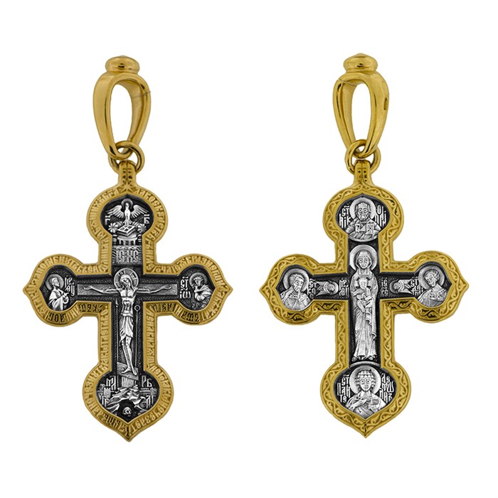 Крест позолоченный Ag 925/Au 585, коллекция Акимов, с молитвой Да воскреснет Бог..., лик Валаамская БМ, Позолота желтая 999*, Чернение (оксидирование), 8,78 гр. КРС02241709