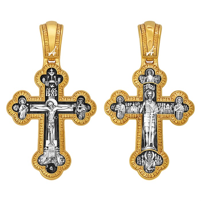 Крест позолоченный Ag 925/Au 585, коллекция Акимов, с молитвой Да воскреснет Бог..., лик Александр Невский, Позолота желтая 999*, Чернение (оксидирование), 11,47 гр. КРС02241715