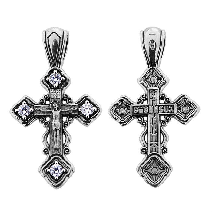 Крест серебряный Ag 925, коллекция Акимов, вставка Фианит, с молитвой Господи, спаси и сохрани, Чернение (оксидирование), 3,04 гр. КРС02241719