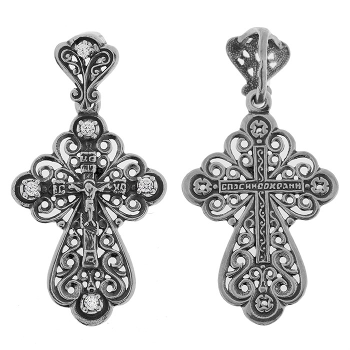 Крест серебряный Ag 925, коллекция Спаси и сохрани, вставка Фианит, Чернение (оксидирование), 3,72 гр. КРС02241901