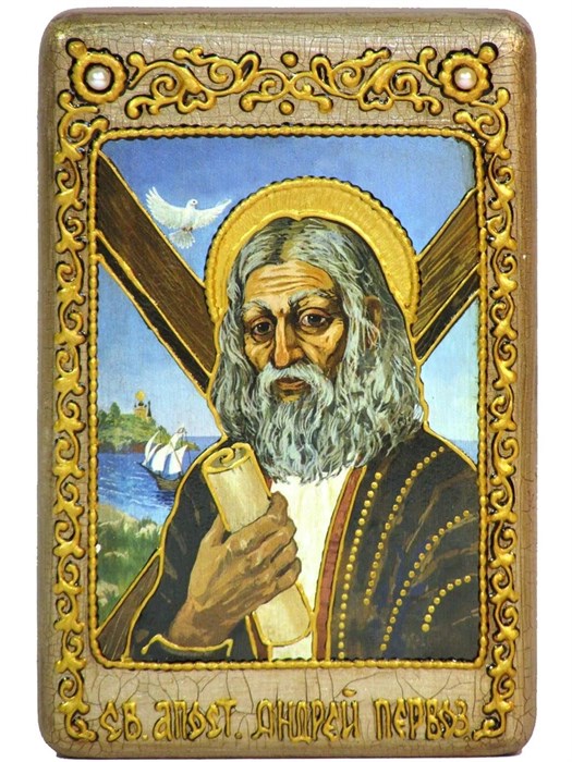 Настольная икона "Святой апостол Андрей Первозванный" на мореном дубе 10х15 настольная RTI-038-8.m