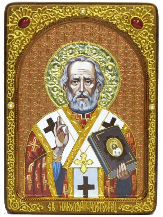 Живописная икона Святитель Николай, архиепископ Мир Ликийский (Мирликийский), чудотворец на кипарисе 21х29 аналойная RTI-840.Ак