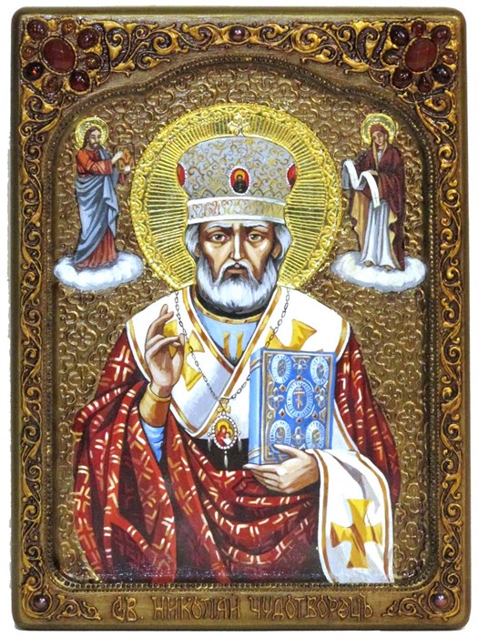 Живописная икона Святитель Николай, архиепископ Мир Ликийский (Мирликийский), чудотворец на кипарисе 21х29 аналойная RTI-8400А.Ак