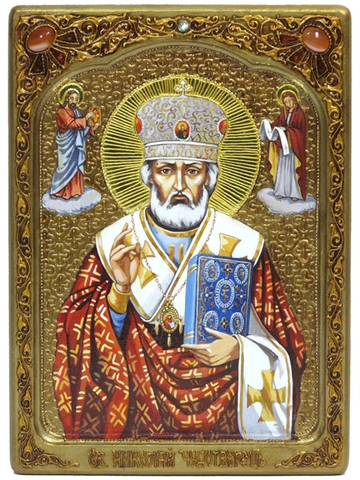 Живописная икона Святитель Николай, архиепископ Мир Ликийский (Мирликийский), чудотворец на кипарисе 21х29 аналойная RTI-8400B.Ак
