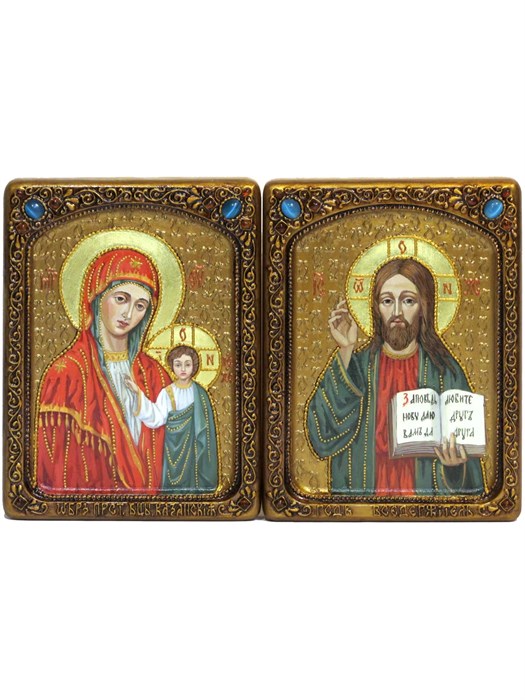 Венчальная пара Живописных икон "Казанская икона Божией Матери" и "Господь Вседержитель" на кипарисе 15х20 полуаналойная RTI-P821.Ak-457