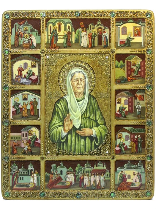 Живописная икона Блаженная старица Матрона Московская с житийными сценами на кипарисе 44х54 большая подарочная RTI-985.Ак