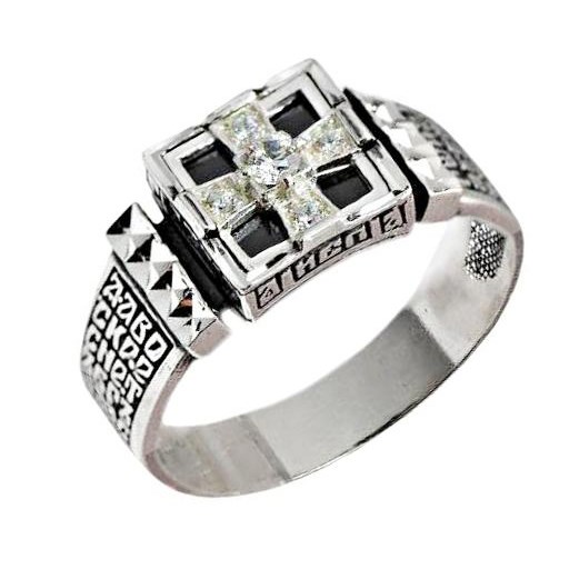 Кольцо мужское Спаси и Сохрани серебряное с фианитами и крестом 224541