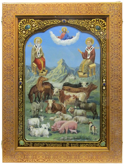 Живописная икона "Святители Спиридон Тримифунтский и Власий Севастийский" на кипарисе в березовом киоте 61566