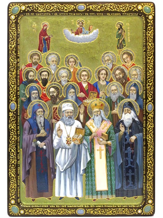 Живописная икона "Собор Святых Целителей" на кипарисе в березовом киоте 61575