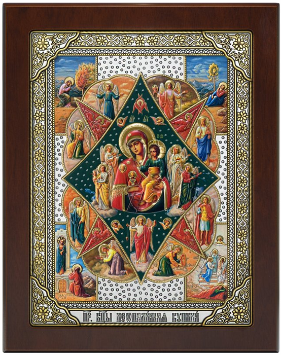 Икона освященная Неопалимая Купина Божией Матери серебряная на дереве позолоченная с эмалью 243126