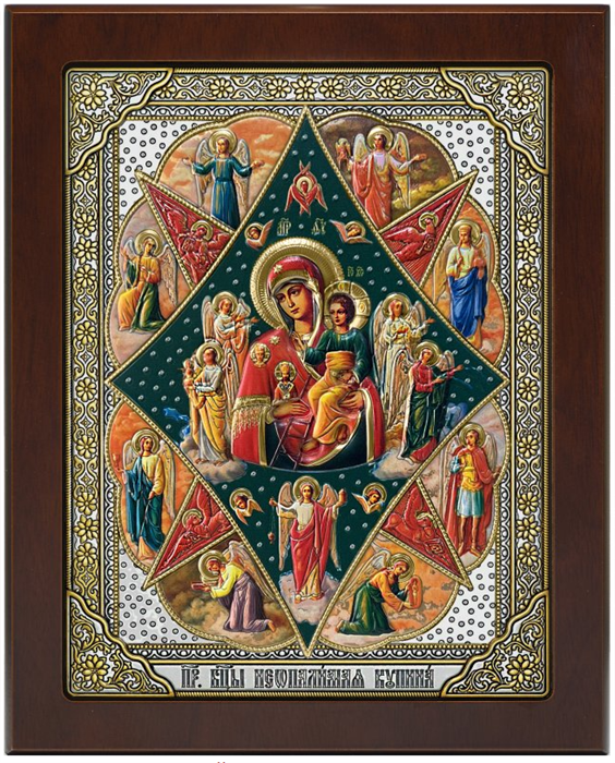Икона освященная Божьей Матери Неопалимая Купина серебряная на белом дереве позолоченная 243121