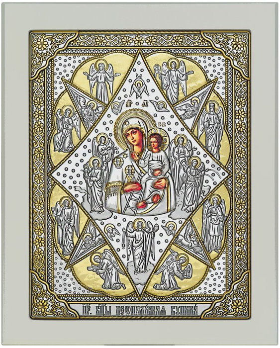 Икона освященная Неопалимая Купина Божией Матери серебряная на дереве позолоченная 243123