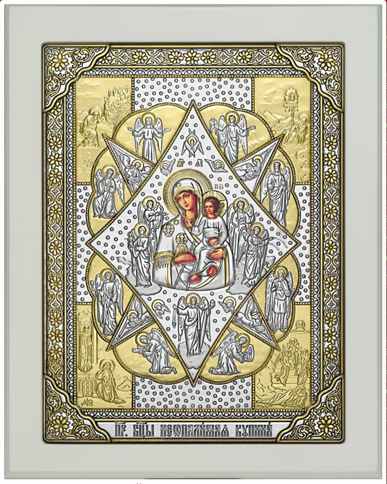 Икона освященная Неопалимая Купина Божией Матери серебряная на белом дереве позолоченная 243125