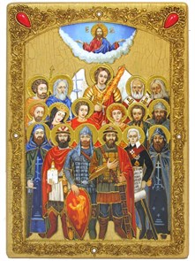 {{photo.Alt || photo.Description || 'Большая подарочная икона "Собор Святых покровителей воинства российского" на мореном дубе 42х29 см.'}}