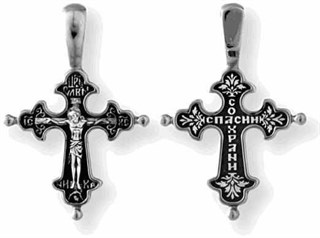 {{photo.Alt || photo.Description || 'Крест серебрянный, Чернение (оксидирование), с корундами, Спаси и сохрани, коллекция "Санкт-Петербург", 3.25 гр.'}}