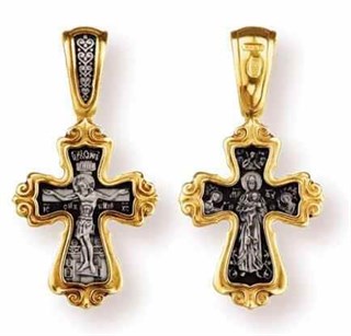 {{photo.Alt || photo.Description || 'Крест серебрянный, Позолота желтая 999* Чернение (оксидирование), с корундами, Валаамская Божья Матерь, коллекция "Санкт-Петербург", 2.96 гр.'}}