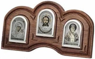 Икона дорожная серебро на дереве Казан. Божья Матерь Спаситель Николай Чуд 224349