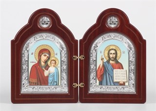 Деревянный складень резной Фигурный икона 9х12 канвас Спаситель - Казанская Божья Матерь венчальный 239062