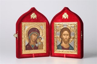 Складень в футляре 12х14 бархатный никель золочение Спаситель - Казанская Божья Матерь 239023