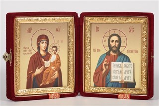 Складень в футляре 11х13 бархатный канвас позолота Спаситель-Смоленская Божья Матерь 239016