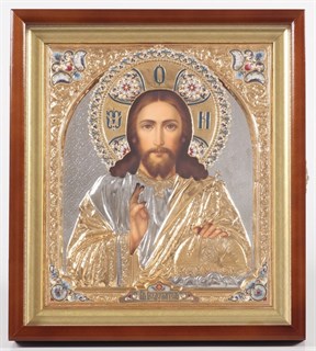 Икона фото в киоте 30х40 Спаситель золочёная эмаль багетный подрамник ювелирная 238964