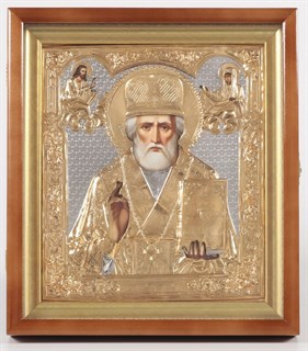 Икона Николая Чудотворца фото в киоте 24х30 золочёная багетный подрамник 238960