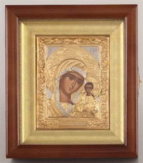 Икона фото в киоте 11х13 Казанская золоченая багетный подрамник 238953