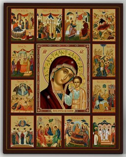 Икона на дереве 40х50 объемная Казанская с праздниками 238379