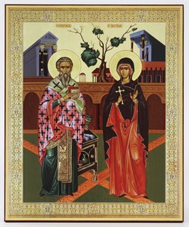Икона на дереве 33х40 объемная Киприан и Иустина 238361