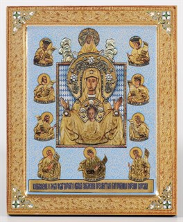 Икона на дереве 18*24 с ковчегом Знамение Курско-Корен. иконы на голубом фоне 237693