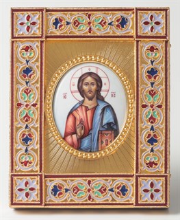Икона именная эмаль финифть овал в деревянной рамке золочение электрофорез Спаситель 237583