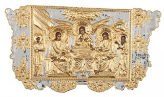 Икона живописная в ризе 35х70 объемная золочение Троица 237456