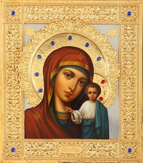 Икона живописная в ризе 30х40 объемная золочение камни Казанская Божья Матерь 237453