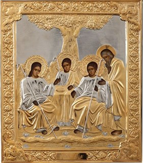 Икона живописная в ризе 24х30 объемная золочение Троица 237394