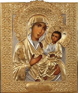 Икона живописная в ризе 24х30 объемная золочение Иверская Божья Матерь 237366