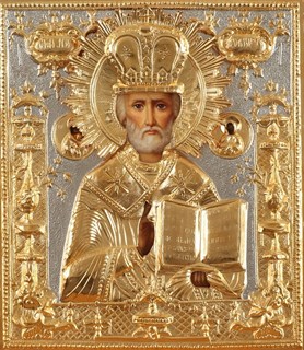 Икона живописная в ризе 24х30 объемная золочение Николай Чудотворец 237364