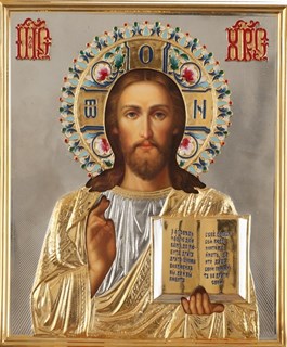 Икона живописная в ризе 24х30 объемная эмаль золочение Спаситель 237363