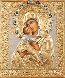 Икона живописная в ризе 24х30 объемная эмаль золочение Владимирская Божья Матерь 237359