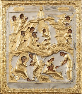 Икона живописная в ризе 24х30 объемная золочение Рождество Христово 237358